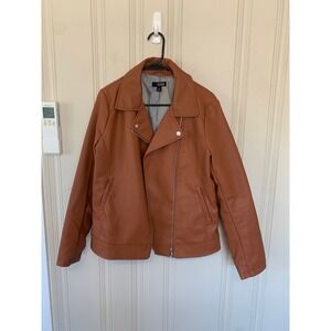 Womens ANA Faux Leather Moto Jacket Brown Full Zip Collared Casual‎